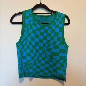 Green and Blue Checkered Women's Top - L